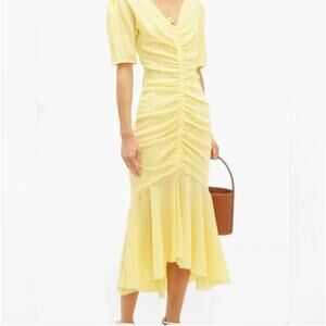 STAUD Yellow Gingham Midi Dress Ruched Front Puff Sleeve Size 2